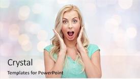  Presentation with emotions - PPT theme consisting of emotions expressions and people concept - surprised smiling young woman or teenage girl over holidays lights background background and a lemonade colored foreground