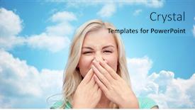 Presentation with smell - Amazing slide deck having emotions expressions embarrassment and people concept - young woman or teenage girl wrinkling and closing her nose of unpleasant smell over blue sky and clouds background backdrop and a light blue colored foreground
