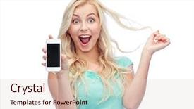  Presentation with teenage girl - Slide set consisting of emotions expressions technology and people concept - smiling young woman or teenage girl showing blank smartphone screen background and a lemonade colored foreground