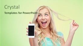  Presentation with green screen - Colorful presentation design enhanced with emotions expressions technology and people concept - smiling young woman or teenage girl showing blank smartphone screen over green natural background backdrop and a soft green colored foreground