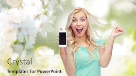  Presentation with cherry blossom - PPT theme featuring emotions expressions technology and people concept - smiling young woman or teenage girl showing blank smartphone screen over natural spring cherry blossom background background and a soft green colored foreground