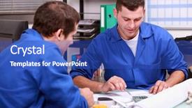  Presentation with doctor examining a newborn baby - Cool new slide deck with skilled tradesmen examining a blueprint backdrop and a cobalt blue colored foreground