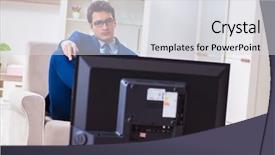  Presentation with watching tv - PPT layouts featuring employee absenteeism - businesman watching tv in office background and a light gray colored foreground