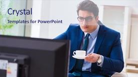  Presentation with office - PPT theme having employee absenteeism - businesman watching tv in office background and a sky blue colored foreground