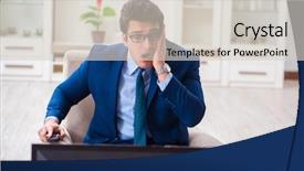  Presentation with watching tv - Slide set enhanced with employee absenteeism - businesman watching tv in office background and a  colored foreground