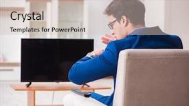  Presentation with watching tv - Theme enhanced with employee absenteeism - businesman watching tv in office background and a  colored foreground