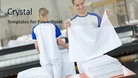  Presentation with agree - Slide deck featuring employee agree ironing textiles in dry cleaner background and a light gray colored foreground
