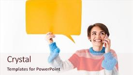  Presentation with cheerful stylish city girl using - Colorful slide deck enhanced with employee announcement - happy cheerful girl wearing sweater backdrop and a sky blue colored foreground