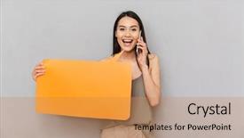  Presentation with bubble - Audience pleasing slide set consisting of employee announcement - portrait of a cheerful asian backdrop and a coral colored foreground