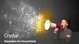  Presentation with announcement - Presentation enhanced with employee announcement - woman shouting into megaphone background and a dark gray colored foreground