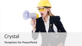  Presentation with hat - Amazing slides having employee announcement - woman with hard hat isolated backdrop and a white colored foreground