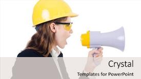  Presentation with hard work and growth - Theme consisting of employee announcement - woman with hard hat isolated background and a lemonade colored foreground