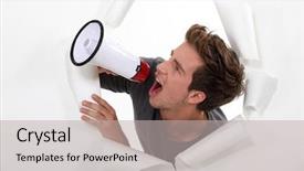  Presentation with announcement - PPT theme featuring employee announcement - young man shouting background and a light gray colored foreground