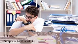  Presentation with employee - Amazing slide set having employee-attached-and-chained backdrop and a coral colored foreground