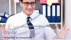  Presentation with chain - Audience pleasing slide set consisting of employee attached and chained to his desk with chain backdrop and a sky blue colored foreground