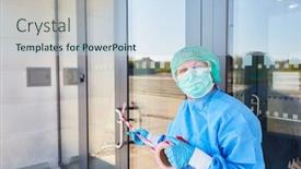  Presentation with covid coronavirus - Colorful presentation design enhanced with employee-attaches-cordon-to-door backdrop and a light blue colored foreground