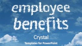  Presentation with employee benefit - Colorful theme enhanced with employee benefits cloud word backdrop and a teal colored foreground