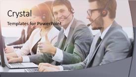  Presentation with call center reporting - Beautiful PPT theme featuring employee call center with headset backdrop and a coral colored foreground