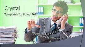  Presentation with workload - PPT theme with employee chained to his desk background and a  colored foreground