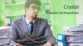  Presentation with workload - PPT theme featuring employee chained to his desk background and a  colored foreground