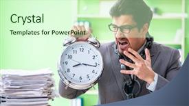  Presentation with workload - Presentation with employee chained to his desk background and a  colored foreground