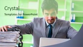  Presentation with workload - Presentation theme featuring employee chained to his desk background and a soft green colored foreground