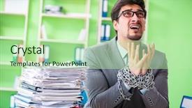  Presentation with workload - Amazing PPT theme having employee chained to his desk backdrop and a  colored foreground