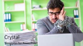  Presentation with workload - Slide set featuring employee chained to his desk background and a light blue colored foreground