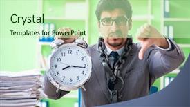  Presentation with workload - Audience pleasing PPT theme consisting of employee chained to his desk backdrop and a soft green colored foreground