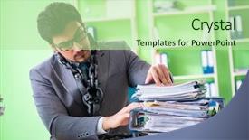  Presentation with workload - PPT theme enhanced with employee chained to his desk background and a  colored foreground
