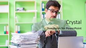  Presentation with workload - Presentation design consisting of employee chained to his desk background and a  colored foreground