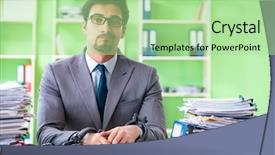  Presentation with workload - Beautiful PPT theme featuring employee chained to his desk backdrop and a  colored foreground