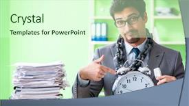  Presentation with workload - Cool new slide deck with employee chained to his desk backdrop and a soft green colored foreground