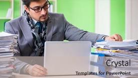  Presentation with workload - Beautiful PPT theme featuring employee chained to his desk backdrop and a  colored foreground