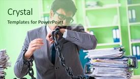  Presentation with workload - Presentation theme featuring employee chained to his desk background and a  colored foreground