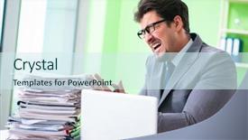  Presentation with workload - Beautiful PPT theme featuring employee chained to his desk backdrop and a  colored foreground