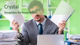  Presentation with workload - PPT theme having employee chained to his desk background and a  colored foreground