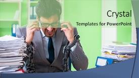  Presentation with workload - Slides with employee chained to his desk background and a  colored foreground