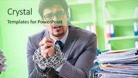  Presentation with workload - Colorful PPT theme enhanced with employee chained to his desk backdrop and a  colored foreground