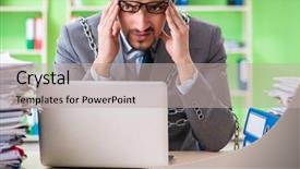  Presentation with workload - Cool new PPT layouts with employee chained to his desk backdrop and a  colored foreground