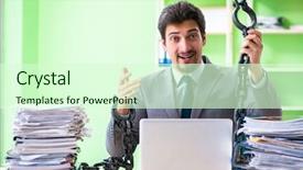  Presentation with workload - Slide set consisting of employee chained to his desk background and a soft green colored foreground