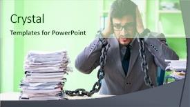  Presentation with workload - Slide deck having employee chained to his desk background and a  colored foreground