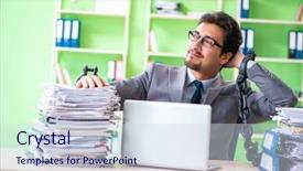  Presentation with workload - Slide set featuring employee chained to his desk background and a sky blue colored foreground