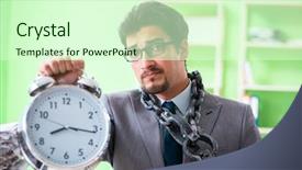 Presentation with workload - Beautiful PPT layouts featuring employee chained to his desk backdrop and a soft green colored foreground
