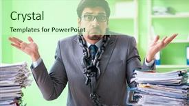  Presentation with workload - PPT layouts featuring employee chained to his desk background and a  colored foreground