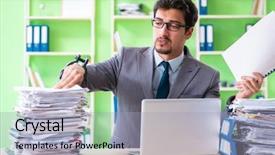  Presentation with workload - Slide deck with employee chained to his desk background and a  colored foreground