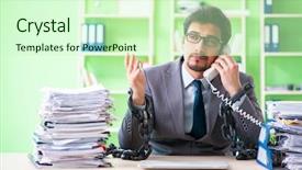  Presentation with workload - PPT layouts consisting of employee chained to his desk background and a soft green colored foreground