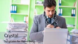  Presentation with workload - Cool new slide set with employee chained to his desk backdrop and a light gray colored foreground
