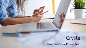  Presentation with woman office desk - Slide deck enhanced with employee communication - beautiful young business woman sitting background and a lemonade colored foreground