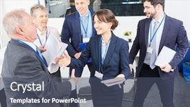  Presentation with people - Cool new PPT theme with employee congratulations - business people congratulate business consultant backdrop and a dark gray colored foreground
